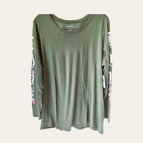 NEW TORRID Plus Size olive greenβlove rose long sleeve crew neck top. - Picture 2 of 13